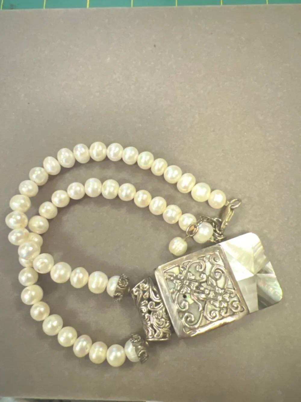 Handcrafted Pearl Necklace With Intricate abalone and Silver Pendant  Art Deco